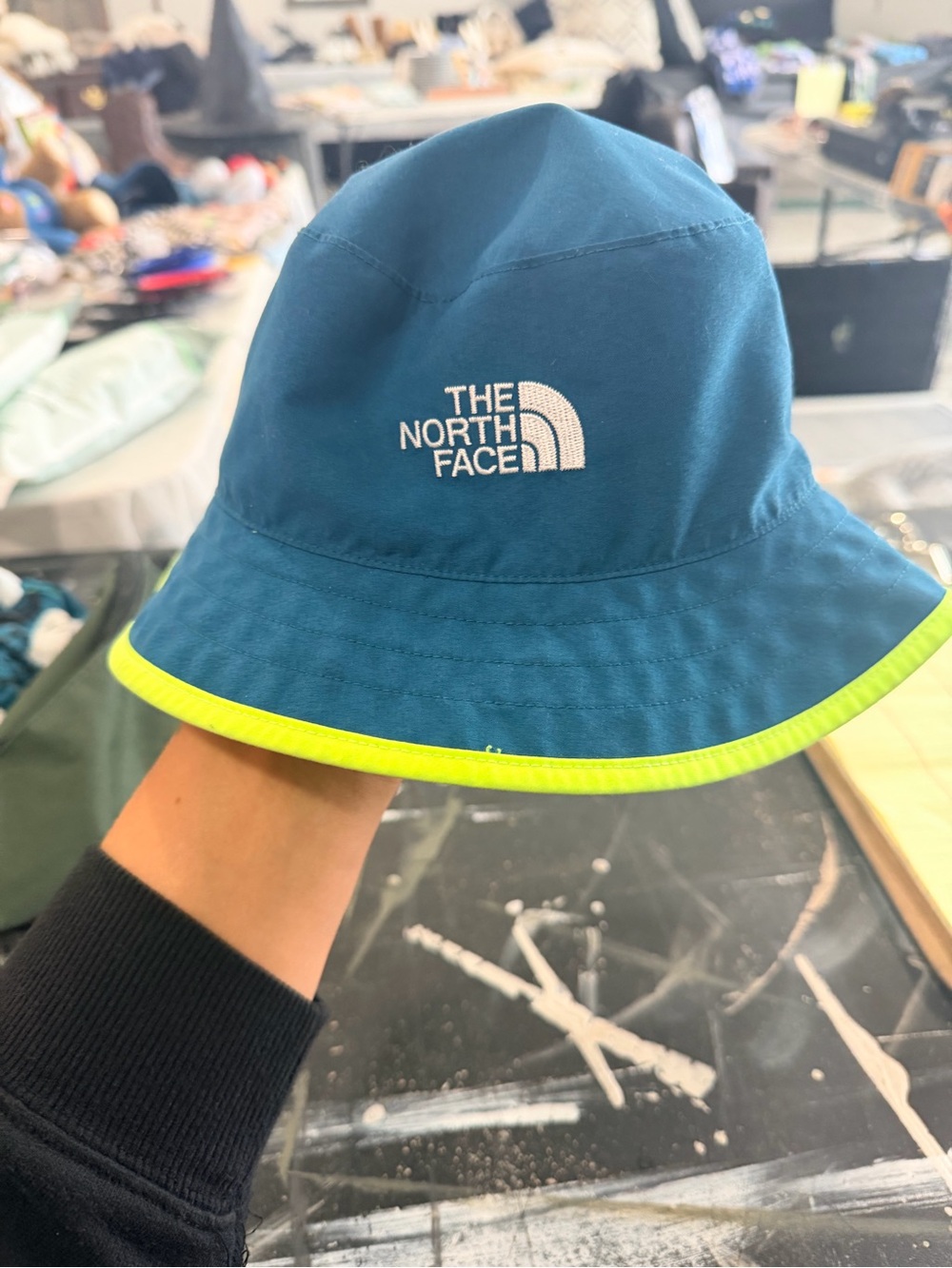 The North Face Teal Bucket Hat with Neon Yellow Trim